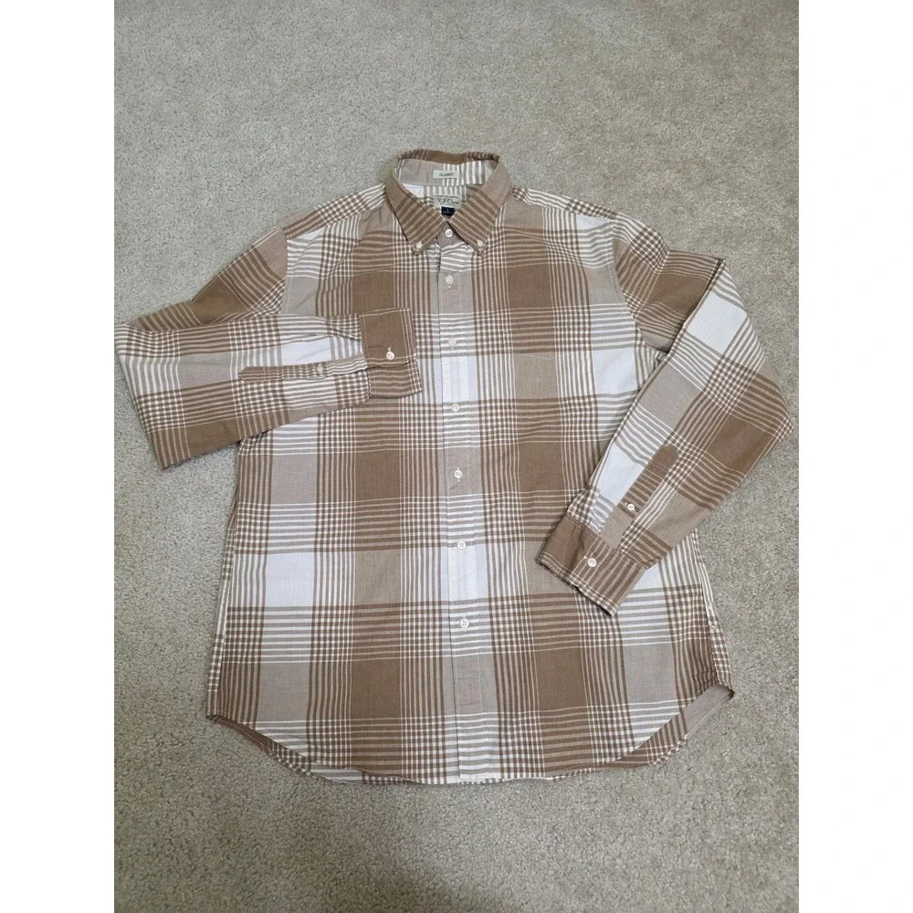 J.Crew Secret Wash Shirt Mens Large Classic Fit Brown Plaid Stretch Button Down